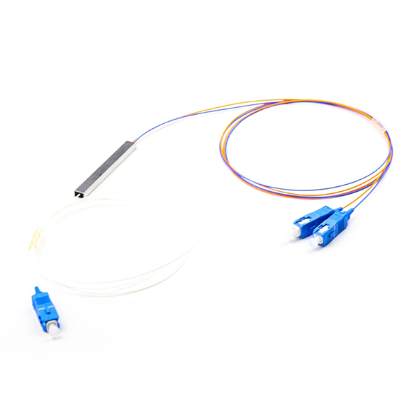1*2 Color Coded PLC Splitter Blockless Package 900um Input White Loose Tube Output Blue and Orange Loose Tubes 1m G.657A1 Fiber