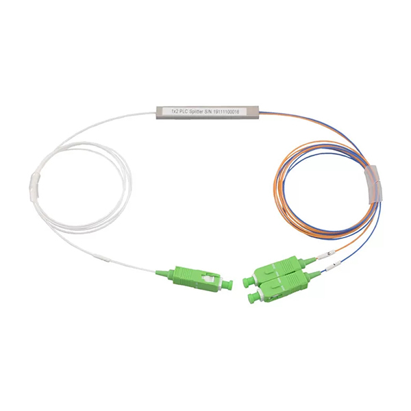 1*2 Color Coded PLC Splitter Micro Type Mini Type Blockless Package 900um Input White Loose Tube Output Blue and Orange Loose Tubes 1m G.657A1 Fiber
