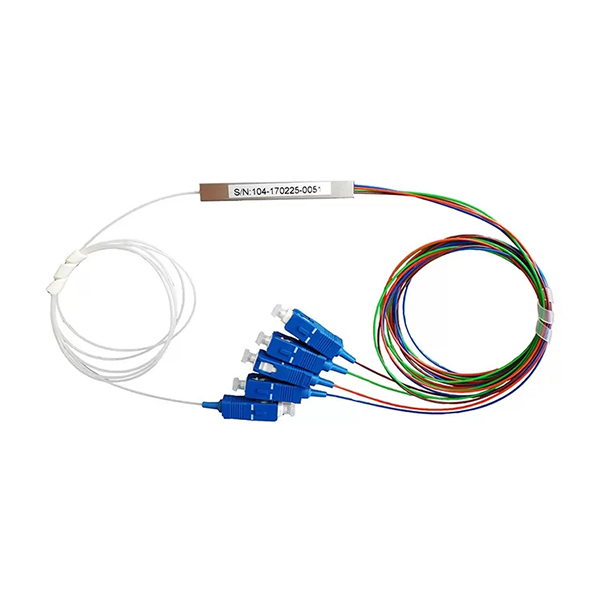 1*4 Color Coded PLC Splitter Micro Type Mini Type Blockless Package 900um Input White Loose Tube Output Blue Orange Green and Brown Loose Tubes 1m G.657A1 Fiber