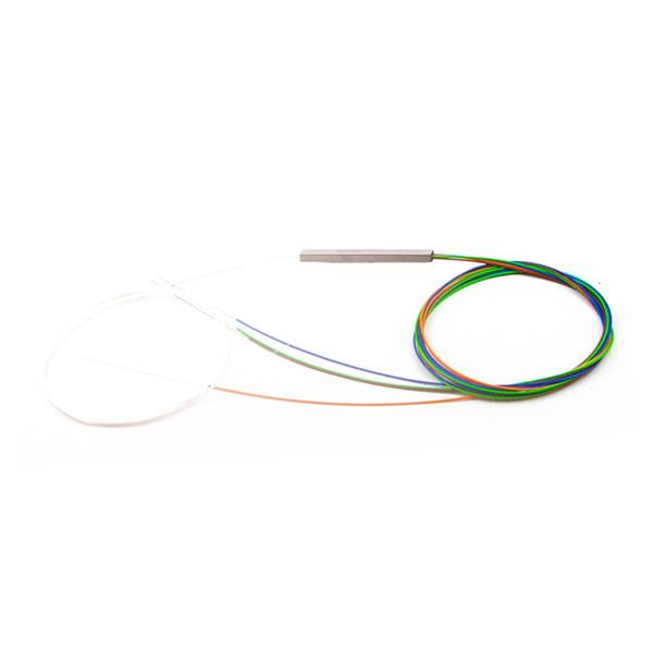 1*4 Color Coded PLC Splitter Mini Type Blockless Package 900um Input White Loose Tube Output Blue Orange Green and Brown Loose Tubes 1m G.657A1 Fiber