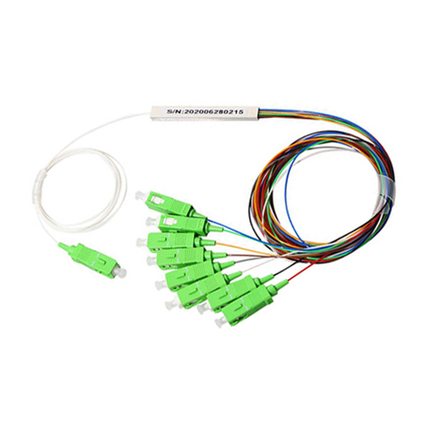 1*8 Color Coded PLC Splitter Mini Type Blockless Package 900um Input White Loose Tube Output Blue Orange Green Brown Grey White Red and Black Loose Tube 1m G.657A1 Fiber