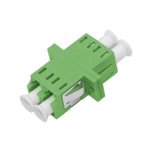 LC/APC Asymmetric Adapter Duplex Single Mode Welding Type Green Plastic Housing Zirconia Ceramic Sleeve with Flange with Metal Mounting Clip