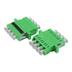LC/APC Symmetric Adapter Quadplex Single Mode Welding Type Green Plastic Housing Zirconia Ceramic Sleeve with Flange with Metal Mounting Clip