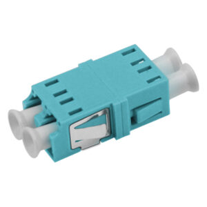 LC/UPC Asymmetric Adapter Duplex Multi Mode OM3 Welding Type Aqua Plastic Housing Zirconia Ceramic Sleeve without Flange with Metal Mounting Clip