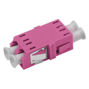 LC/UPC Asymmetric Adapter Duplex Multi Mode OM4 Welding Type Violet Plastic Housing Zirconia Ceramic Sleeve without Flange with Metal Mounting Clip