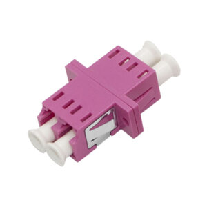 LC/UPC Asymmetric Adapter Duplex Multi Mode OM4 Welding Type Violet Plastic Housing Zirconia Ceramic Sleeve with Flange with Metal Mounting Clip