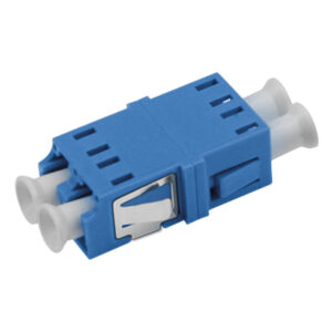 LC/UPC Asymmetric Adapter Duplex Single Mode Welding Type Blue Plastic Housing Zirconia Ceramic Sleeve without Flange with Metal Mounting Clip
