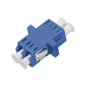 LC/UPC Asymmetric Adapter Duplex Single Mode Welding Type Blue Plastic Housing Zirconia Ceramic Sleeve with Flange with Metal Mounting Clip