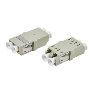 LC/UPC Symmetric Adapter Duplex Multi Mode OM1 OM2 One-piece Type Beige Plastic Housing Zirconia Ceramic Sleeve without Flange with Metal Mounting Clip