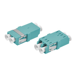 LC/UPC Symmetric Adapter Duplex Multi Mode OM3 One-piece Type Aqua Plastic Housing Zirconia Ceramic Sleeve without Flange with Metal Mounting Clip
