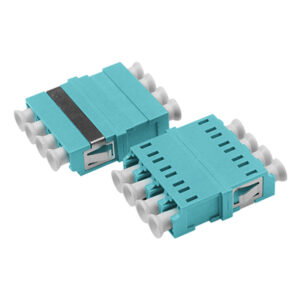 LC/UPC Symmetric Adapter Quadplex Multi Mode OM3 Welding Type Aqua Plastic Housing Zirconia Ceramic Sleeve without Flange with Metal Mounting Clip