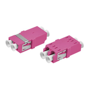 LC/UPC Symmetric Adapter Duplex Multi Mode OM4 One-piece Type Violet Plastic Housing Zirconia Ceramic Sleeve without Flange with Metal Mounting Clip