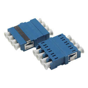 LC/UPC Symmetric Adapter Quadplex Single Mode Welding Type Blue Plastic Housing Zirconia Ceramic Sleeve without Flange with Metal Mounting Clip