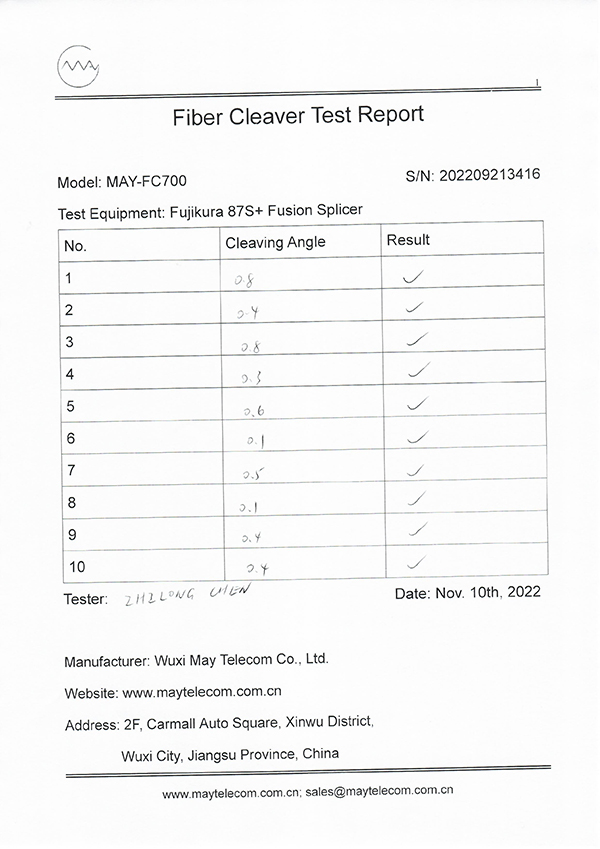 MAY-FC700 Fiber Cleaver Test Report
