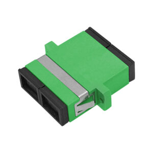 SC/APC Adapter Duplex Single Mode One-piece Type with Flange with Metal Mounting Clip Green Body Flat Black Dust Cap