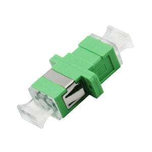 SC/APC Adapter Simplex Single Mode Welding Type with Flange with Metal Mounting Clip Green Body Pullable Transparent Dust Cap