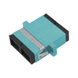 SC/UPC Adapter Duplex Multi Mode OM3 One-piece Type with Flange with Metal Mounting Clip Aqua Body Flat Black Dust Cap