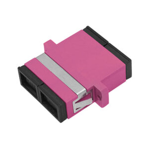 SC/UPC Adapter Duplex Multi Mode OM4 One-piece Type with Flange with Metal Mounting Clip Violet Body Flat Black Dust Cap