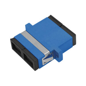 SC/UPC Adapter Duplex Single Mode One-piece Type with Flange with Metal Mounting Clip Blue Body Flat Black Dust Cap