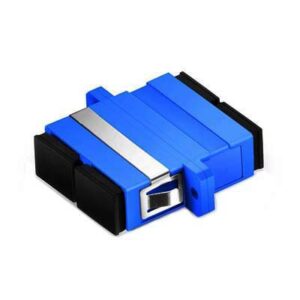 SC/UPC Adapter Duplex Single Mode Welding Type with Flange with Metal Mounting Clip Blue Body Flat Black Dust Cap