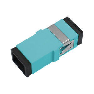 SC/UPC Adapter Simplex Multi Mode OM3 One-piece Type without Flange with Metal Mounting Clip Aqua Body Flat Black Dust Cap
