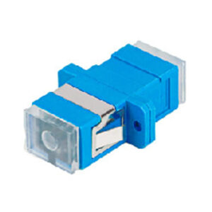 SC/UPC Adapter Simplex Single Mode Welding Type with Flange with Metal Mounting Clip Blue Body Transparent Dust Cap