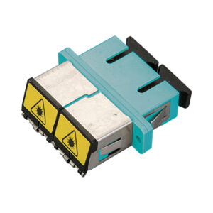 SC/UPC Auto Front Shutter Metal Avoid Laser Adapter Duplex Multi Mode OM3 Welding Type with Flange with Metal Mounting Clip Aqua Body T-style Dust Cap