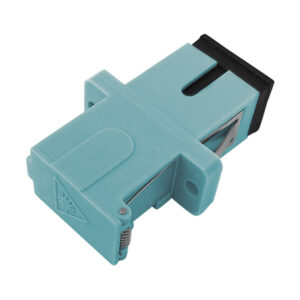 SC/UPC Auto Side Shutter Avoid Laser Adapter Simplex Multi Mode OM3 Welding Type with Flange with Metal Mounting Clip Aqua Body Flat Black Dust Cap