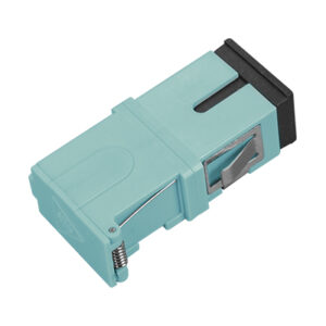 SC/UPC Auto Side Shutter Avoid Laser Adapter Simplex Multi Mode OM3 Welding Type without Flange with Metal Mounting Clip Aqua Body Flat Black Dust Cap