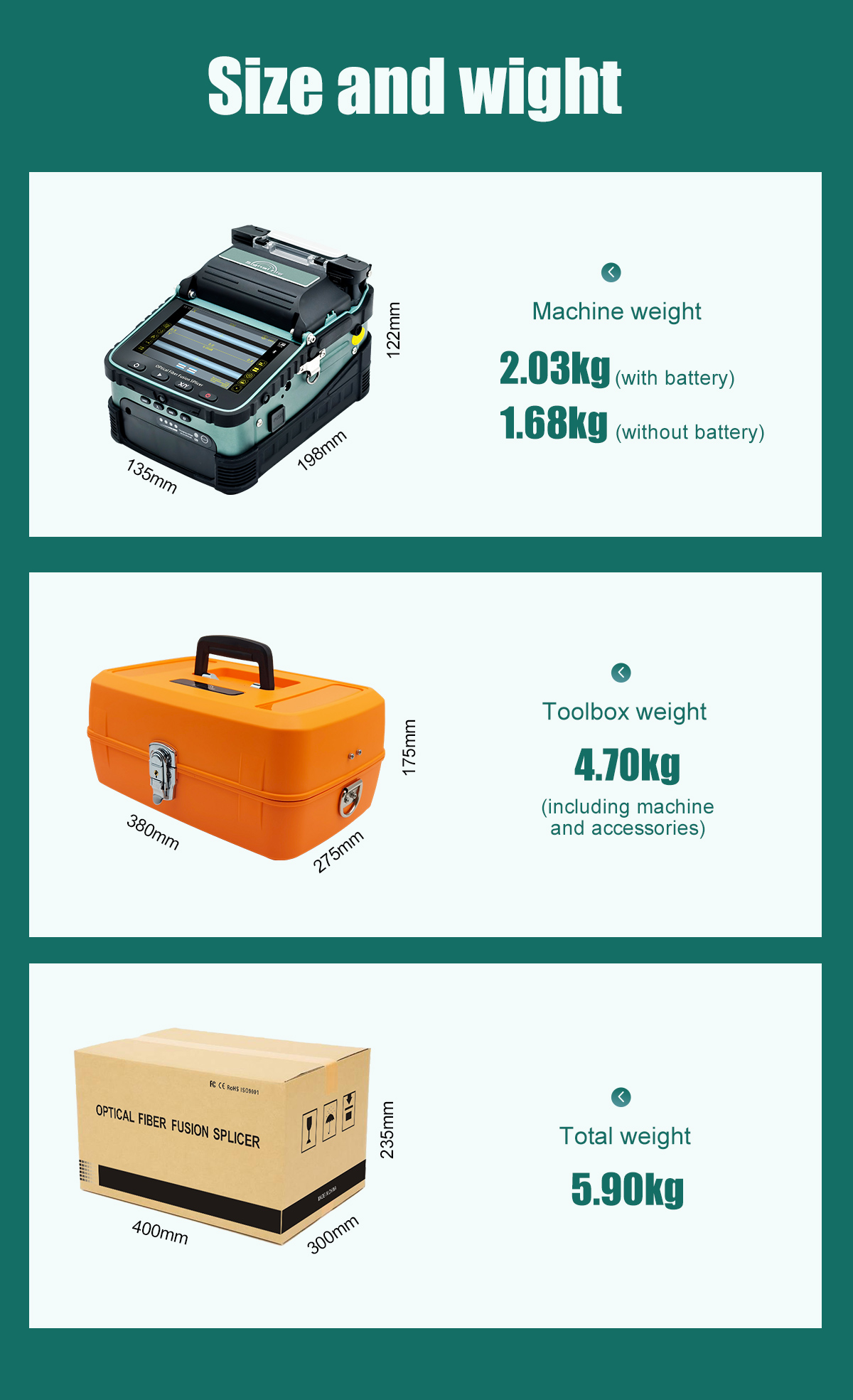 Signal Fire AI-6A+ Optical Single Fiber Fusion Splicer - Size and Weight